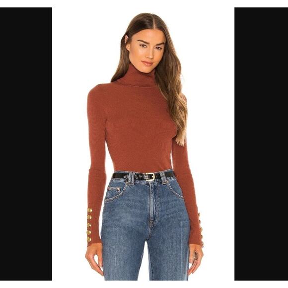 ALC Size Medum M Desi Brown Ribbed Turtleneck Button Merino Wool Sweater - Picture 2 of 8